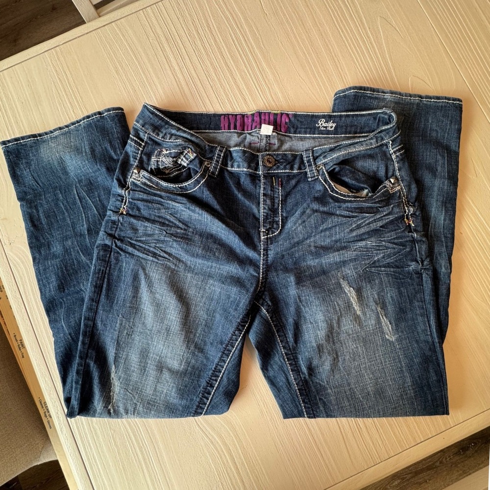 Y2K Hydraulic Bailey Slim Boot Jeans Dark‎ Wash Distressed Contrast Stitch